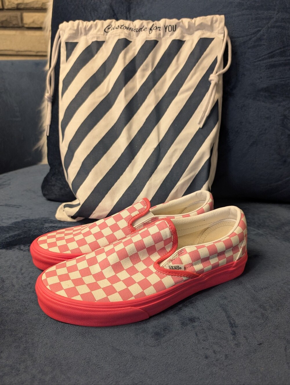 Brand new custom prism pink checkerboard and neon pink classic slip-on wide vans